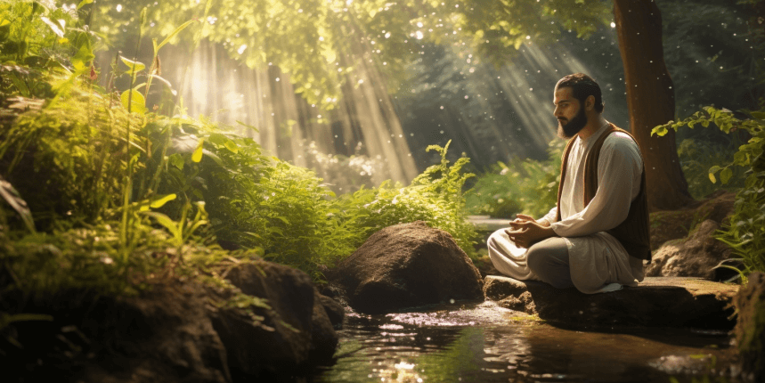 A contented man, engrossed in Daily Dhikr, sits amid a lush garden, a symbol of peace and serenity, with vibrant foliage surrounding him and a tranquil river flowing through, reflecting his joyful smile as he remembers Allah.