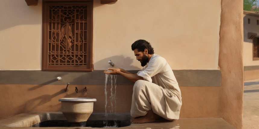 Wudu ritual purification: hands being washed under flowing water with reference to key events that invalidate the ablution process