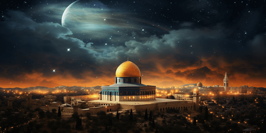 Al-Aqsa Mosque under a star-filled night sky, symbolizing the start of Prophet Muhammad's miraculous journey of Isra and Mi'raj.