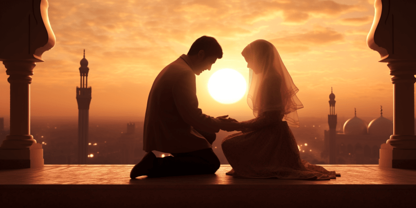 A bride and groom in traditional attire, holding hands with the focus on their hands.