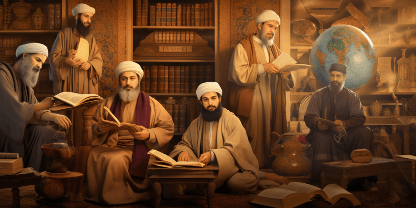 Collage of prominent Islamic Golden Age scholars, including Al-Khwarizmi, Ibn Sina, and Ibn al-Haytham, against a backdrop of ancient manuscripts