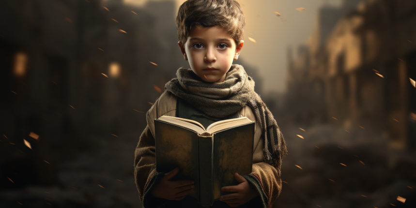 A young child stands amidst the rubble, holding the Holy Quran in their hands. The Palestinian flag flies proudly in the background, while tears glisten in their eyes.