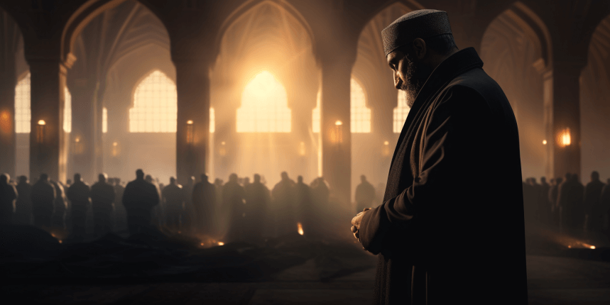 group of mourners gather around the deceased, standing in rows and preparing for the Muslim funeral prayer.