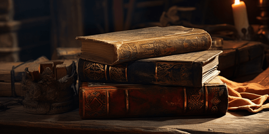 Three weathered ancient books on a rustic wooden table in a warmly lit room.
