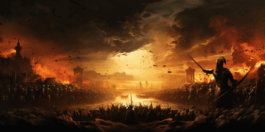 An illustration depicting an ancient war with armies on two sides clashing in battle.