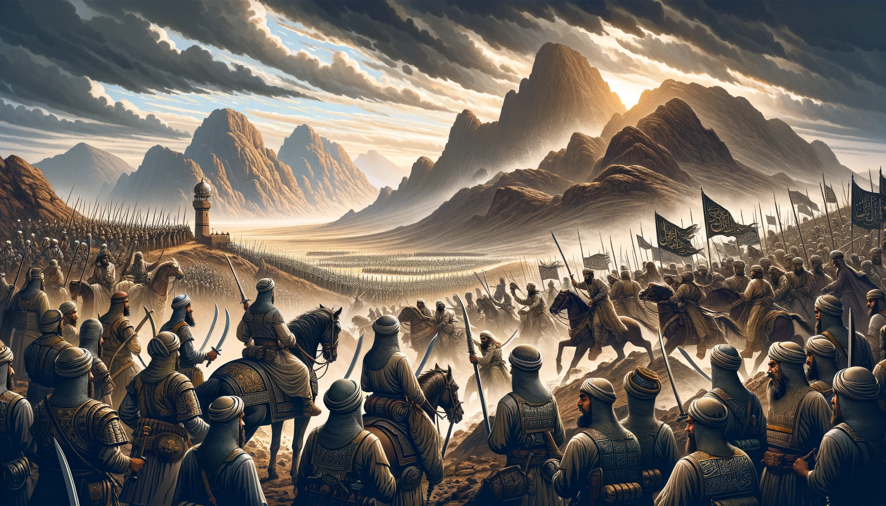 Digital illustration of the Battle of Uhud, depicting warriors in traditional 7th-century Arab armor on the rocky terrain of Mount Uhud under a dramatic stormy sky, with Muslim and Meccan forces facing each other, ready for battle.