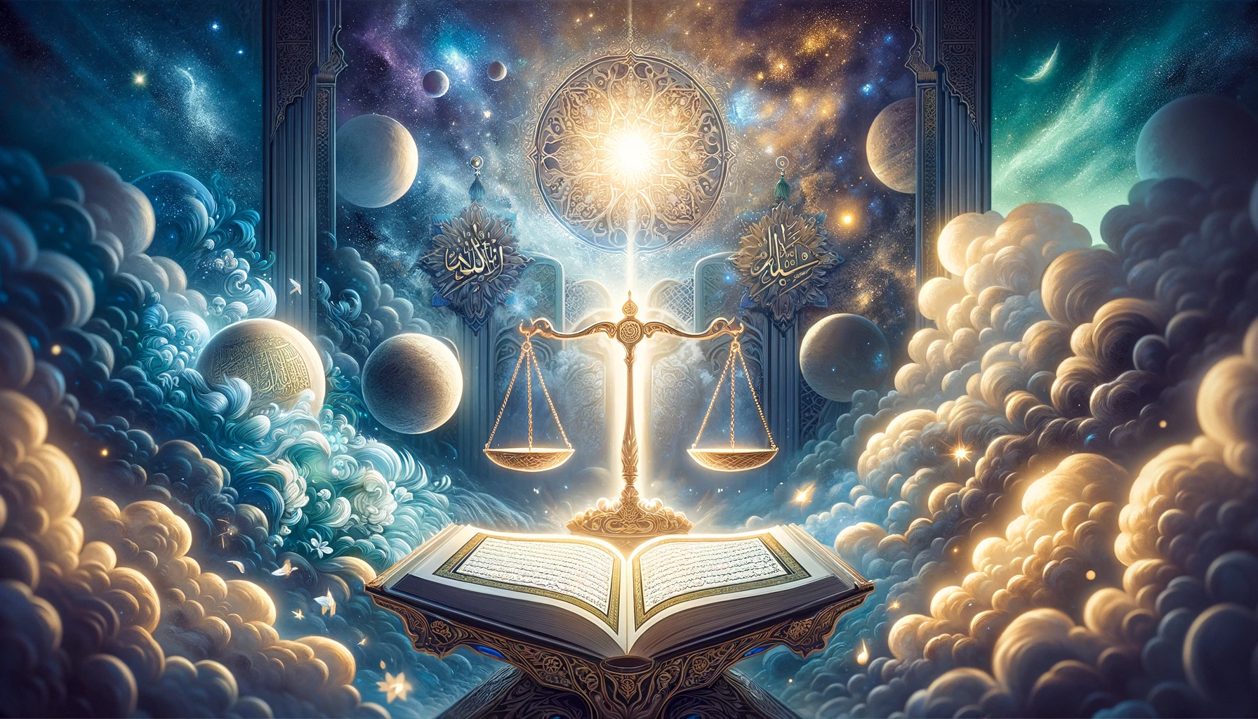 Islamic blog banner featuring scales of justice, a radiant light, and an open Quran against a celestial background of stars and clouds, in deep blues, golds, and whites.