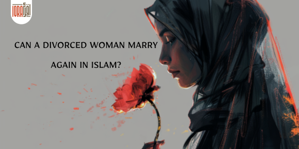 Supportive and empowering design for Muslim divorced women, divided into four sections. The first section shows a broken heart with blooming flowers, the second section features a downcast Muslim woman, the third section depicts full bloom flowers symbolizing resilience, and the fourth section shows a confident Muslim woman standing tall, representing empowerment. The background smoothly transitions between sections with Islamic art-inspired patterns.