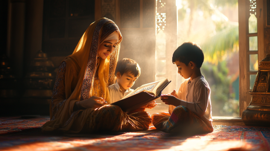 A Muslim mother reading the Quran with her children, with the Quran placed on a traditional wooden holder (rehal). The family is sitting together in a warm and peaceful home environment.