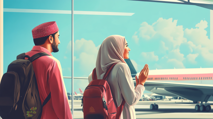 مسافر يرفع يديه بالدعاء على متن طائرة أثناء السفر.