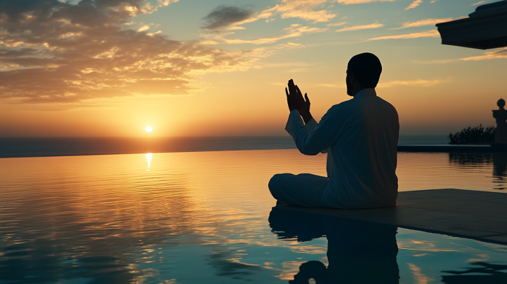 A Muslim man raising his hands in dua, praying for the sick.