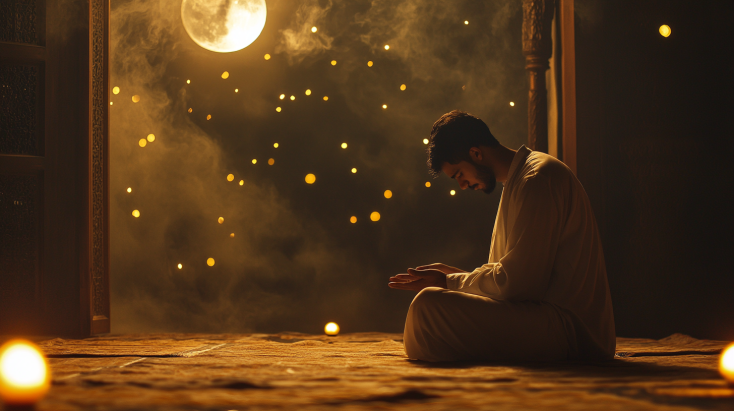 muslim American man in ramadan alone in a warm atmosphere making dua or prayer in ramadan and there are ramadan lights and moon